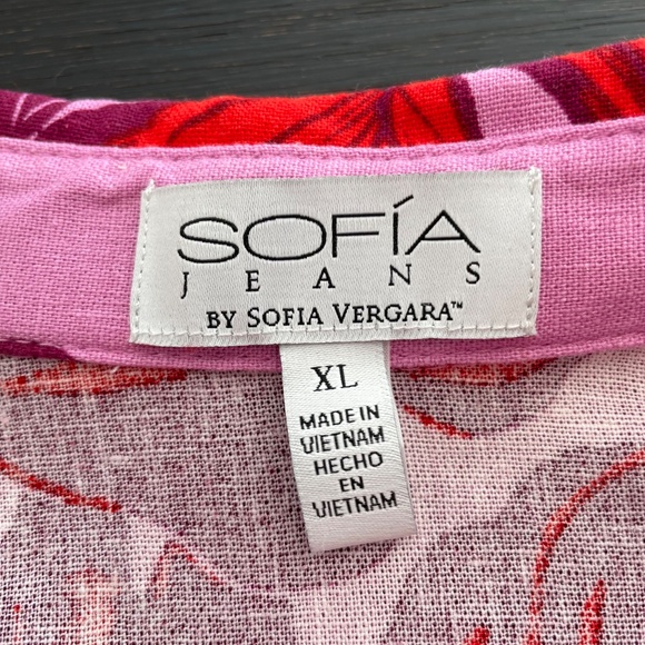 SOFIA VERGARA Women's Size XL Tropical Pink Palm Leaves Button Up Tie Blouse - Picture 3 of 5